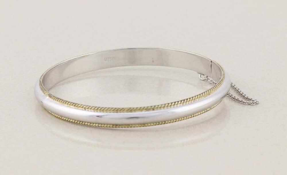 Sterling Silver Bangle Bracelet with 18k Gold Plated Rope Border Opens 7 1/4"